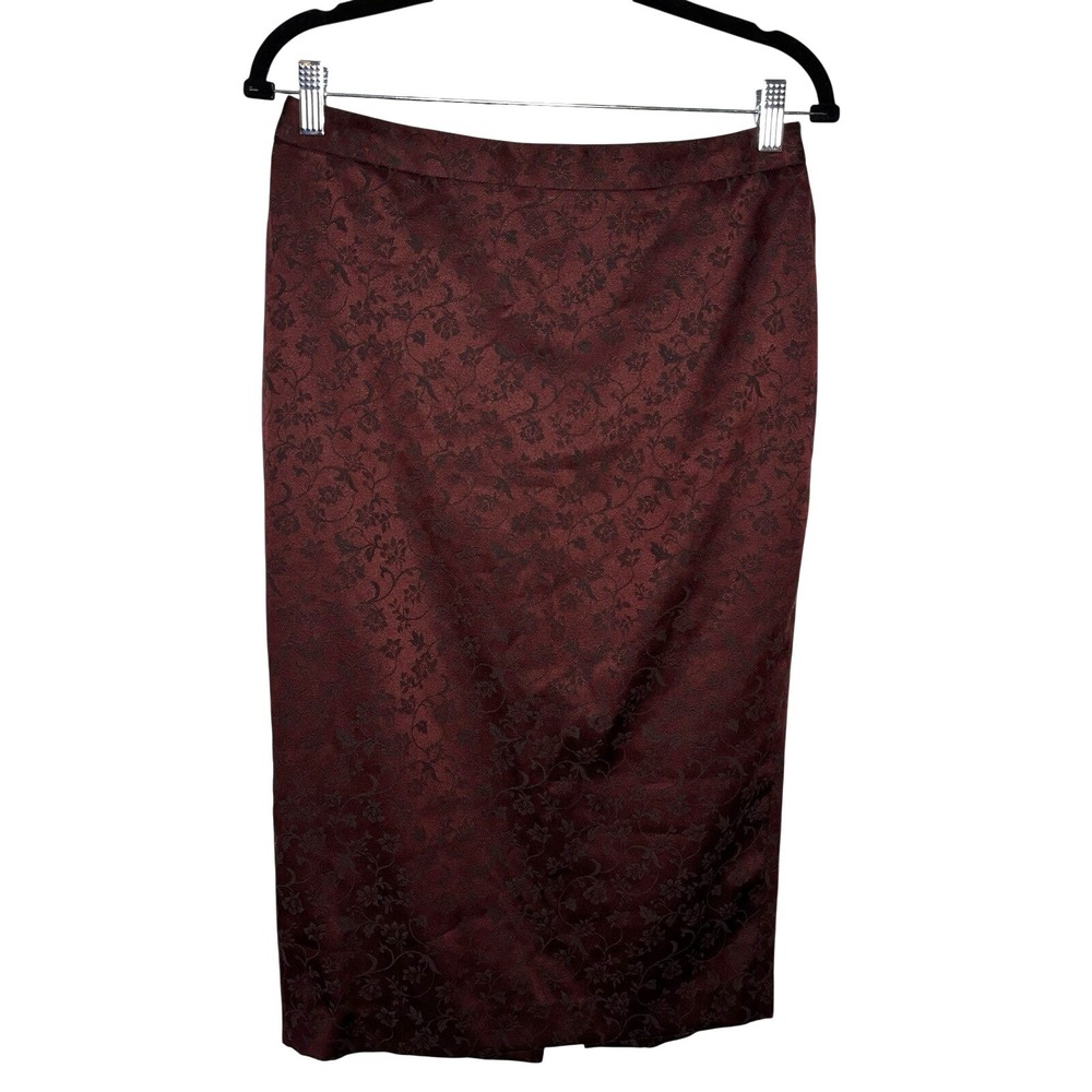 Y2K Signature Satin Skirt Womens 10 Floral Burgundy Pencil Whimsigoth Office
